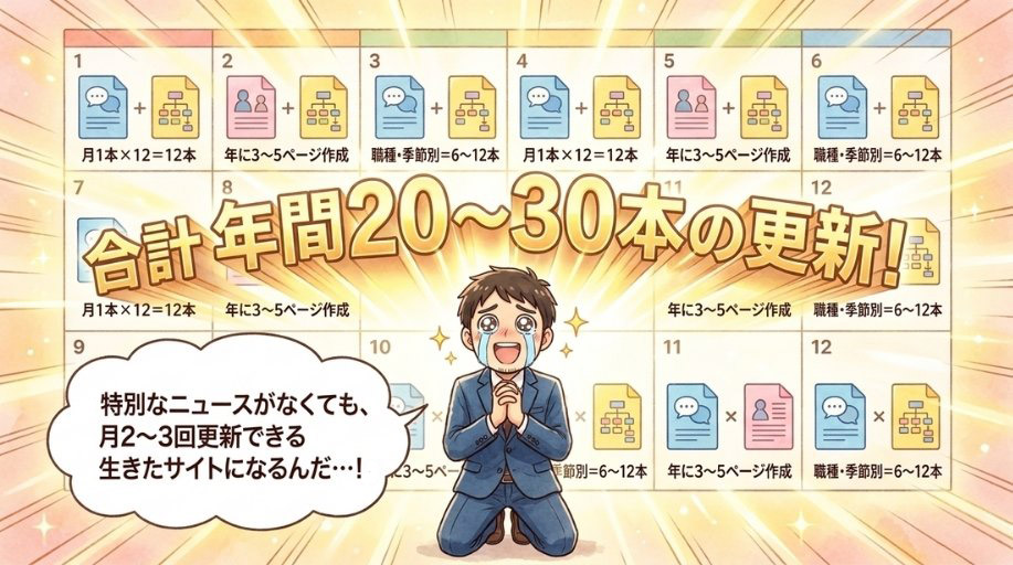 3つの方法を合わせれば、年間20〜30本の更新が見えてくる