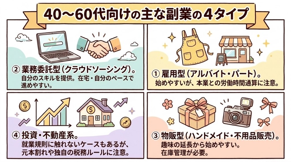 副業の主な種類(40〜60代向けの選択肢)