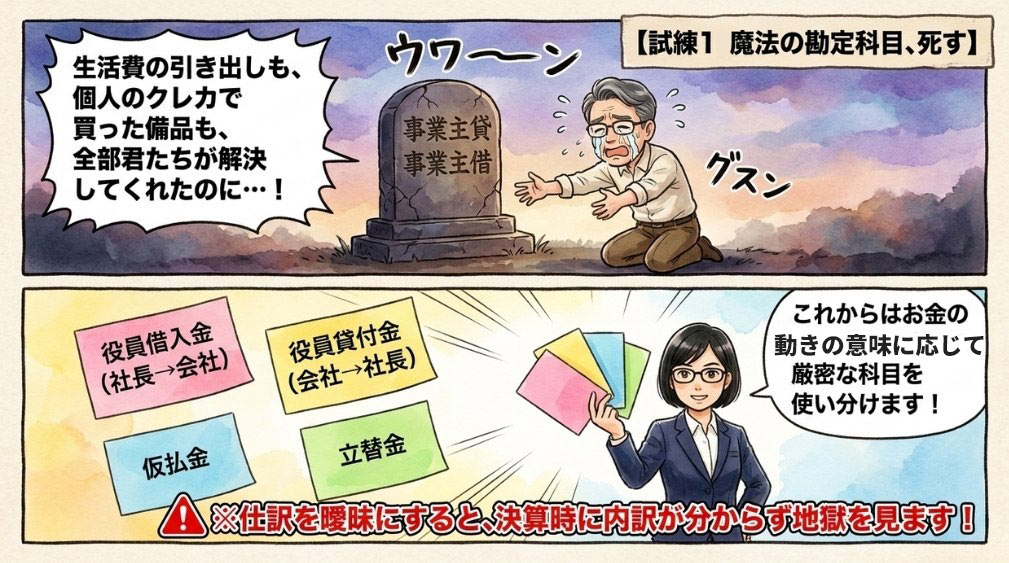 【ポイント１】事業主貸・借が使えず勘定科目が変わる