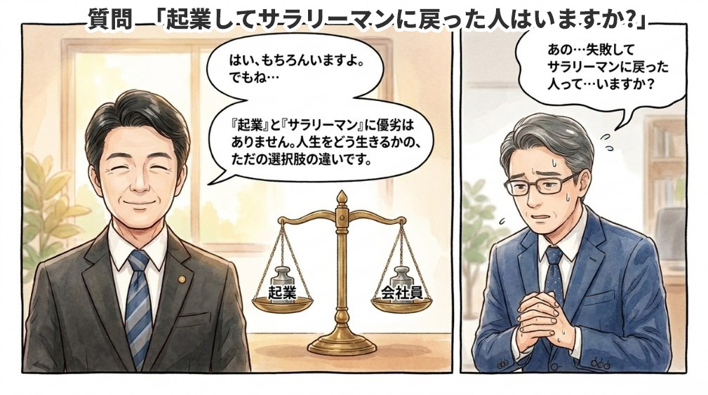 【質問5】「起業してサラリーマンに戻った人はいますか?」