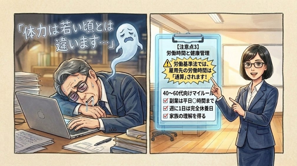 【注意点３】労働時間と健康管理(40〜60代に特に重要)